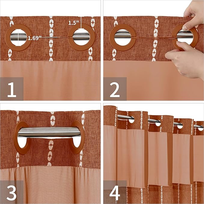 Boho Farmhouse No Hook Shower Curtain Set with Snap-in Fabric Liner,Heavy-Duty Linen Textured Rustic Striped Design,Water-Repellent with Tassels and Sheer Window,Orange,71x74
