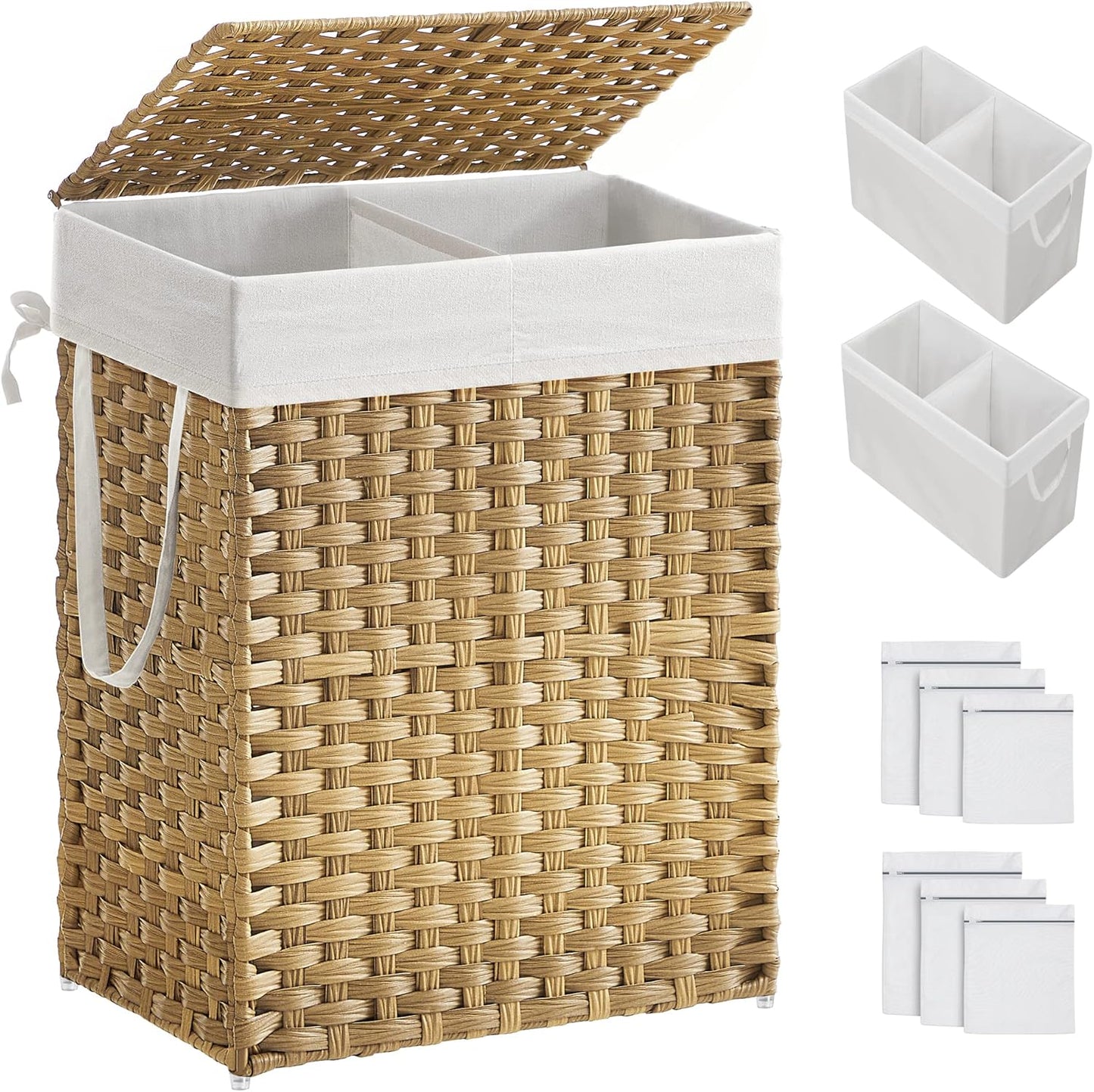 SONGMICS Laundry Hamper with Lid, 90L Clothes Hamper with 2 Removable Liner Bags, 6 Mesh Bags, Wicker Laundry Basket, Double Laundry Hamper for Bathroom, 13 x 18.1 x 23.6 Inches, Natural ULCB251N01V1