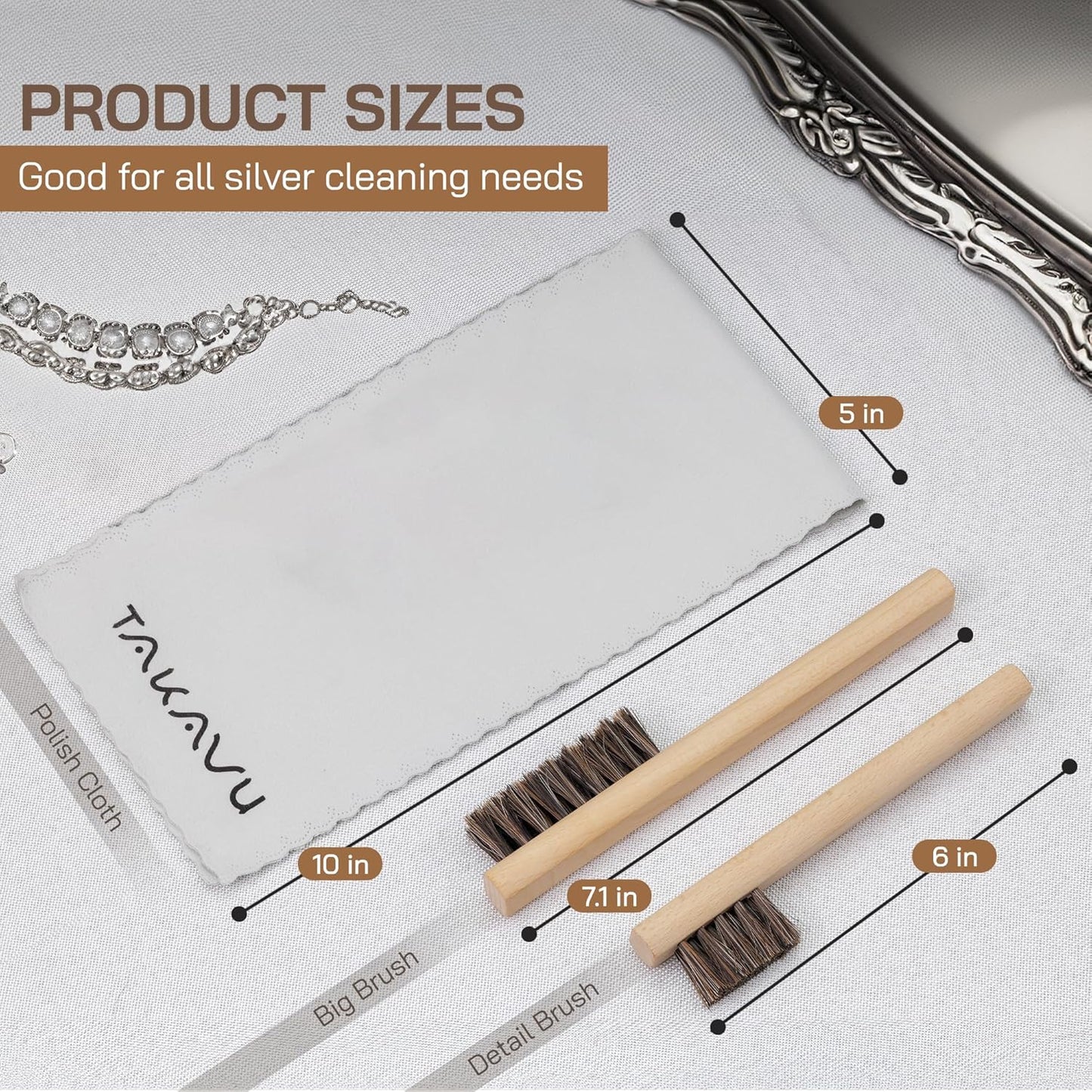 TAKAVU Horsehair Detail Brush Set, Silver Cleaning Brushes & Polish Cloth for Silverware Plateware Jewelry