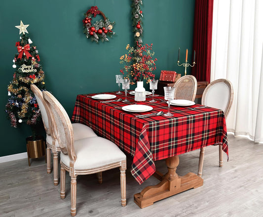 Gingham Xmas Tartan Tablecloth Fabric - Oblong 58x120 Water Resistant Christmas Plaid Table Cloth for Indoor/Outdoor Use - Red Tabletop Cover Perfect for Birthday, Picnics, Gardens