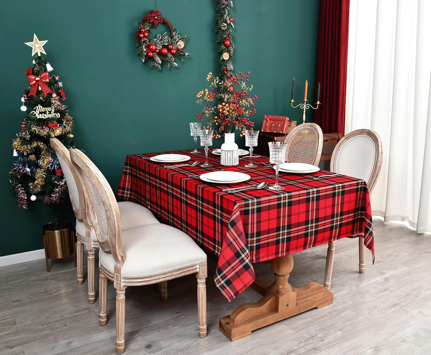 Tartan Waterproof Christmas Plaid Tablecloth Fabric - Red Oblong 52x70 Inch Classic Buffalo Tartan Festive Table Cloth for Indoor Use - New Year Tabletop Cover for Dinner, BBQs, and Parties