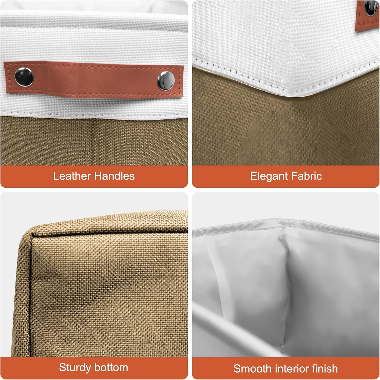 11in Open Fabric Storage Basket with Leather Handles for Organizing, Collapsible Linen Closet Bins for Shelves, Closets, Laundry, Decorative Basket for Gifts. (White＆Brown, 3PCS/11x11in)