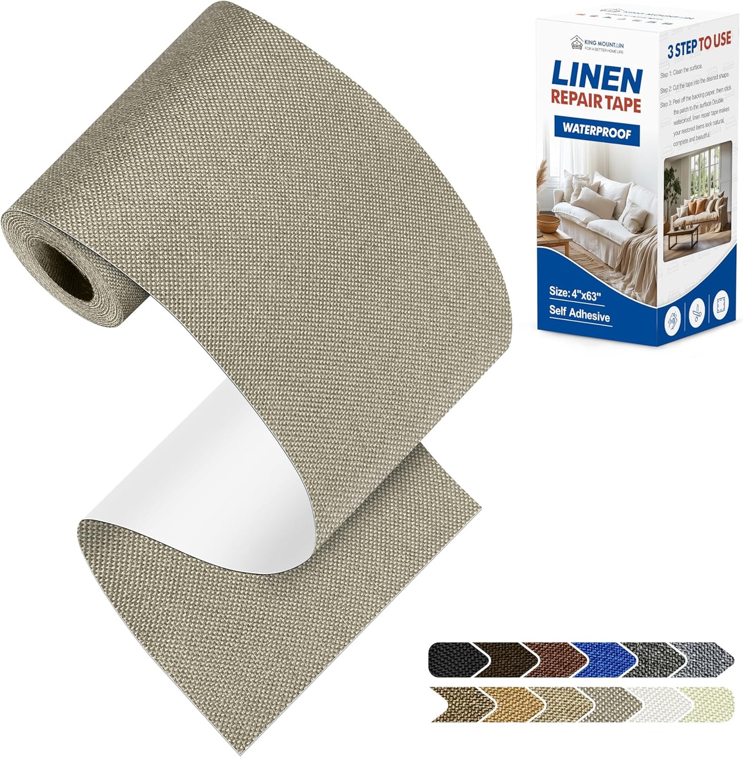 KING MOUNTAIN Linen Repair Patches, Self-Adhesive Fabric Patches, 4 X 63 inch Extra Size, Multi Color, Can be Used for Sofa Repair and Linen Clothes Repair（Khaki1.0