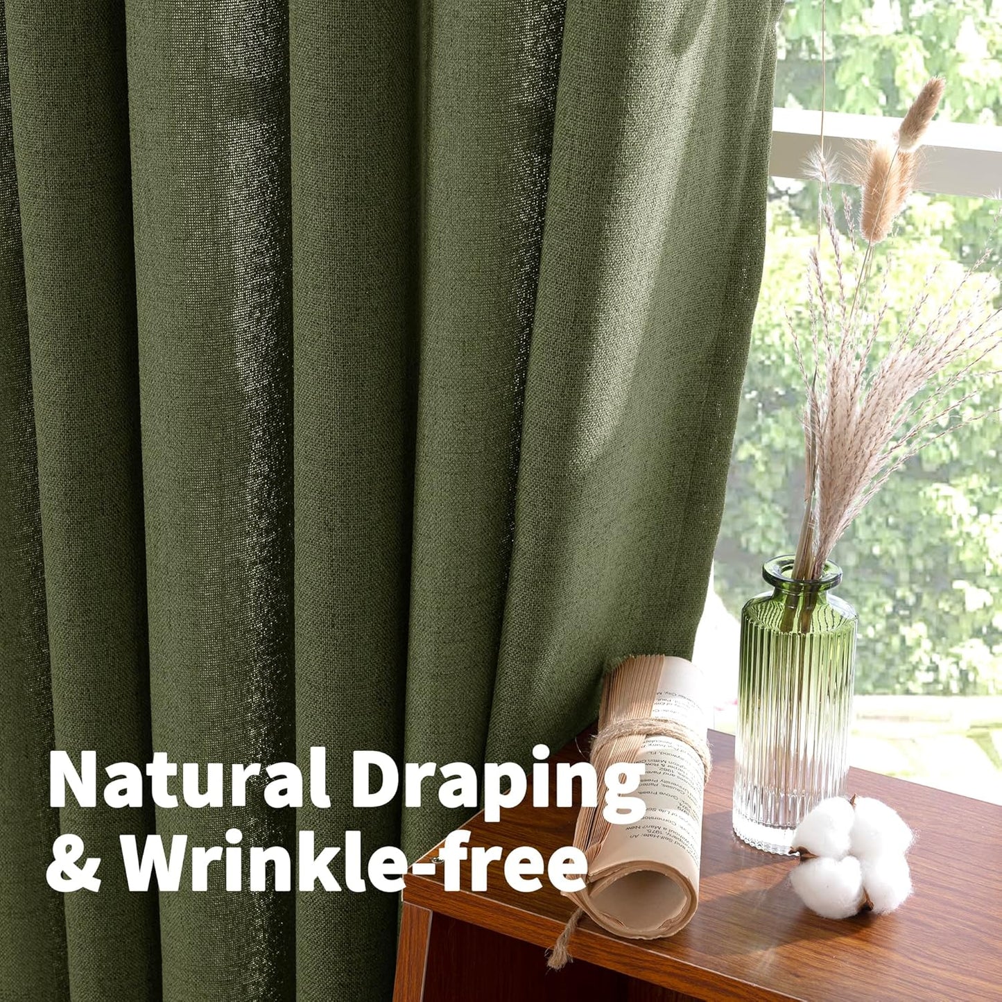 YoungsTex Olive Green Linen Curtains 80 Inch Length for Living Room, Semi Sheer Window Drapes with Rod Pocket Back Tab Light Filtering Decorative for Office Bedroom, 2 Panels, 52 X 80 Inch