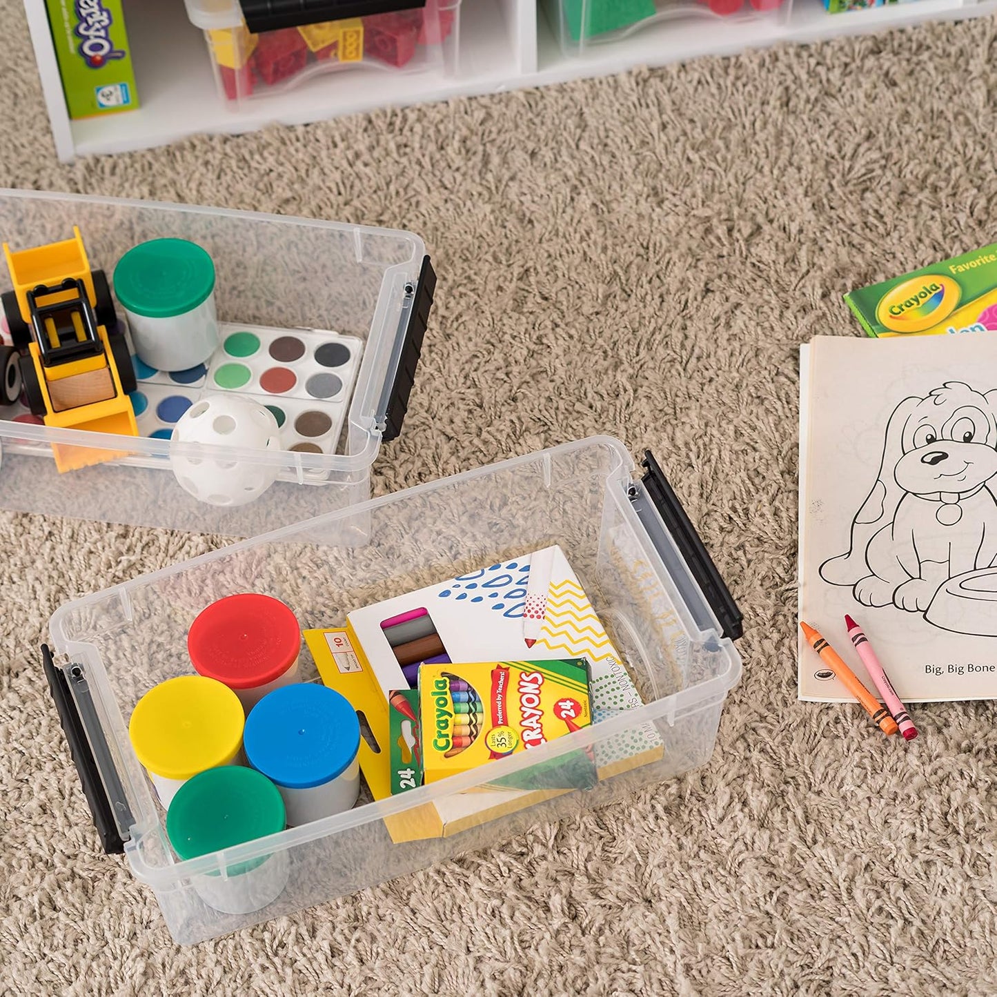 IRIS USA 6 Quart Stackable Plastic Storage Bins with Lids, 3 Pack - BPA-Free, Made in USA - See-Through Organizing Solution, Latches, Durable Nestable Containers, Secure Pull Handle - Clear/Black