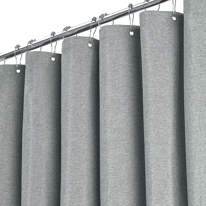 BTTN Long Fabric Shower Curtain - 72x80 Inch Linen Textured Heavy Duty Polyester Cloth Shower Curtain Set with 12 Plastic Hooks, Hotel Luxury Waterproof Modern Shower Curtains for Bathroom, Gray/Grey