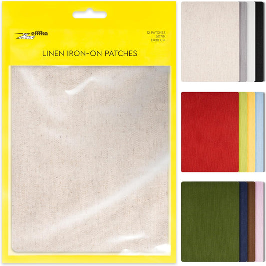 ZEFFFKA 12-Pack Linen Iron-on Patches Fabric Repair Kit for Clothing Shirts Pants Dresses Natural Look Strong Adhesive 12 Colors 30% Linen 70% Cotton 5” x 7”