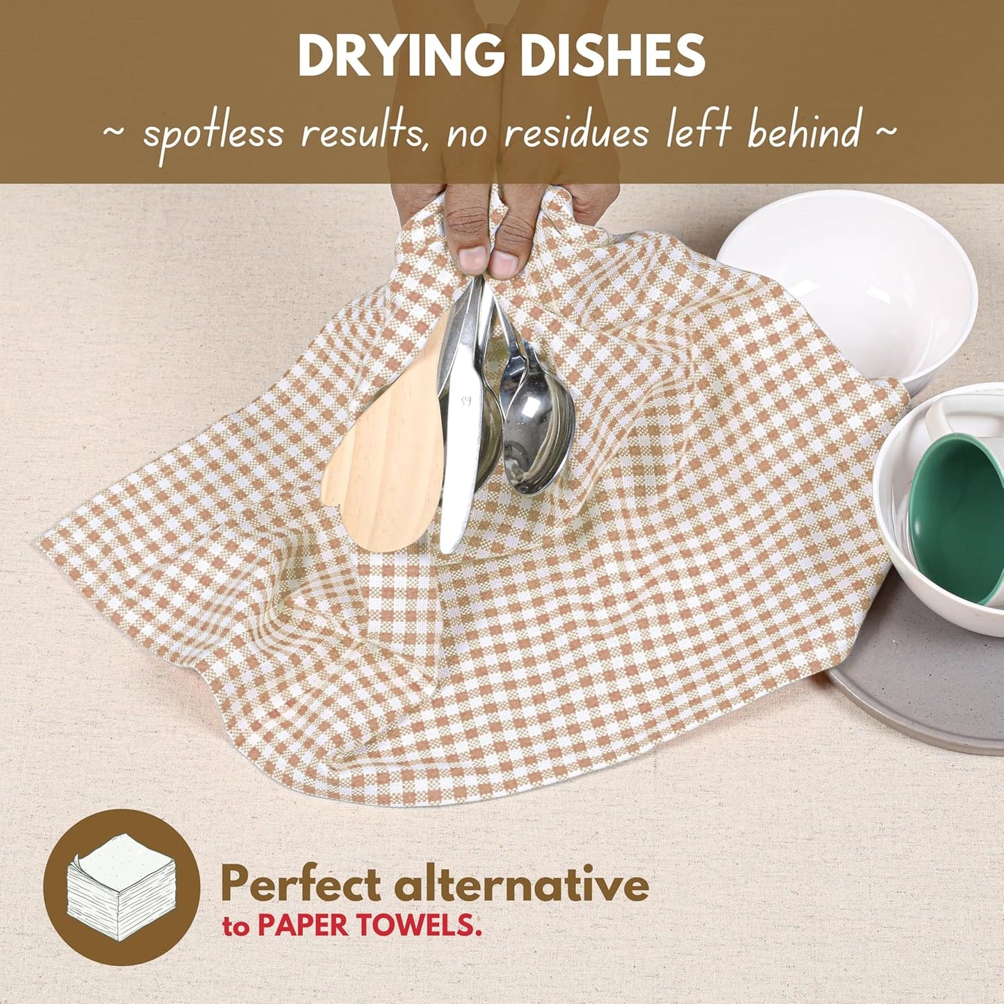 Native Fab Gingham Check Kitchen Dish Towels 16"x26" Set of 12-100% Cotton Mini Plaid Washcloths - Absorbent Dish Cloths Set, Cleaning Hand Towels with Hanging Loop - Beige White