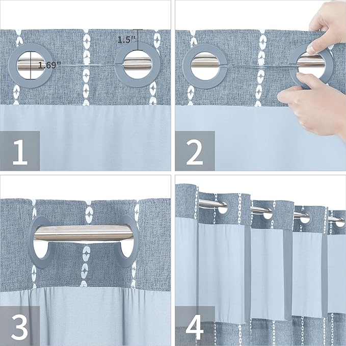 No Hook Stall Shower Curtain with Snap-in Fabric Liner - 54x80 Heavy-Duty Linen Textured Striped Design,Narrow Rustic Modern Farmhouse Bohemian Bathroom Curtain,Water-Repellent,Blue