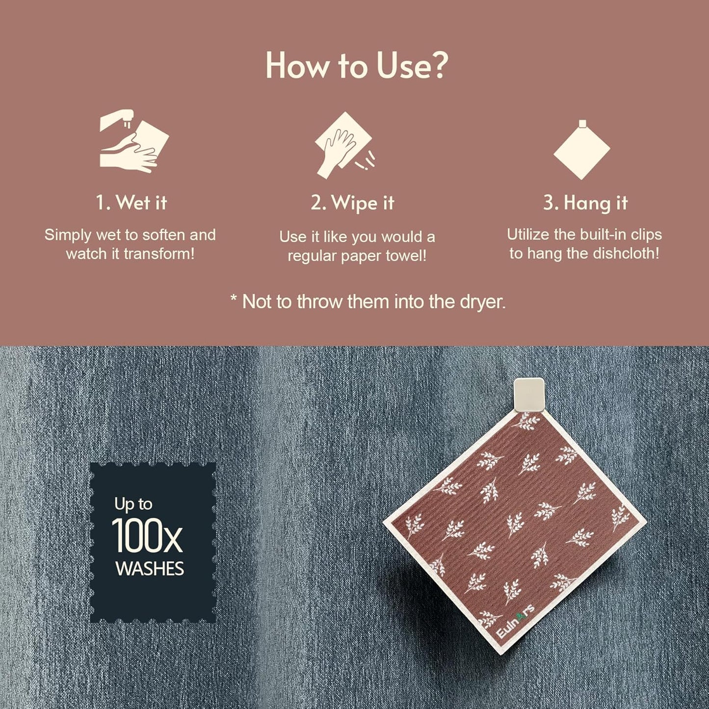 Swedish Dishcloths, 8 Pack Reusable Paper Towels with Clips, Quick Drying Dish Towels, Super Absorbent Cellulose Sponge Cloths, No Odor, Kitchen Cleaning Essentials