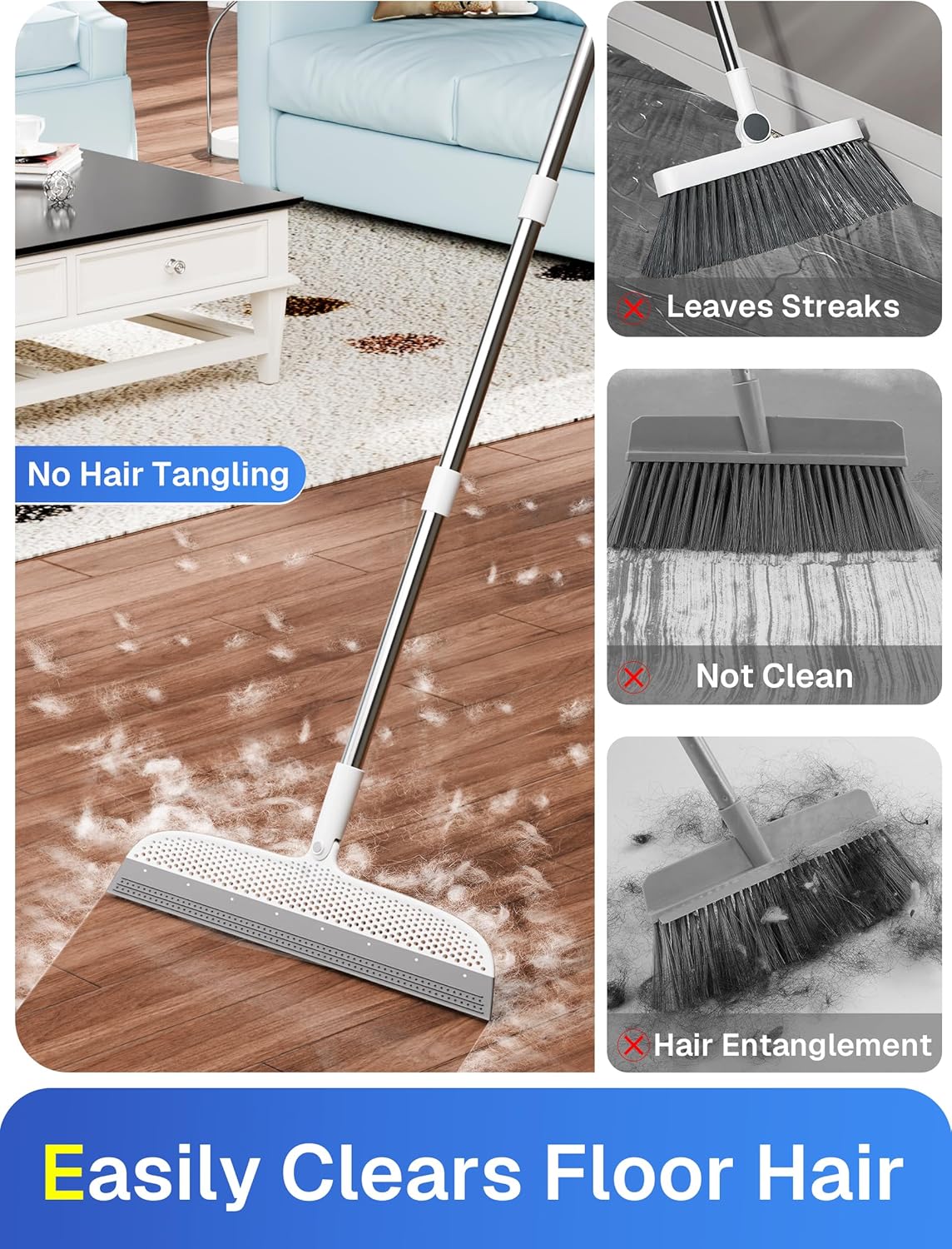 Silicone Floor Squeegee & Broom – Long Handle Hair Remover for Water, Pet Hair – for Bathroom, Tile, Concrete, Garage, Deck, Glass – Indoor Outdoor Cleaning Tool – White (15.7 inch)