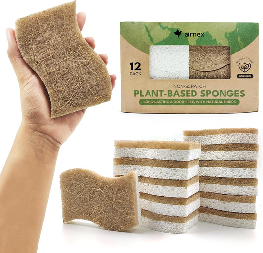 Biodegradable Natural Kitchen Sponge - Compostable Cellulose and Coconut Walnut Scrubber Sponge (12 Pack)