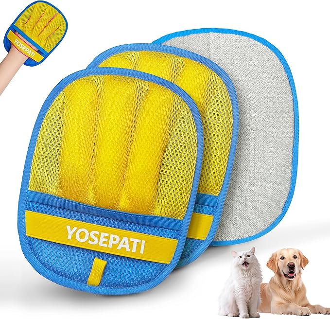 Thickened Ectrostatic Pet Hair Removal Glove for Cat & Dog, Upgraded Five-Finger Reusable Magic Brush Pet Hair Remover Tool for Couch, Clothing, Carpet & Car Seat (2Pcs-Blue & Yellow)