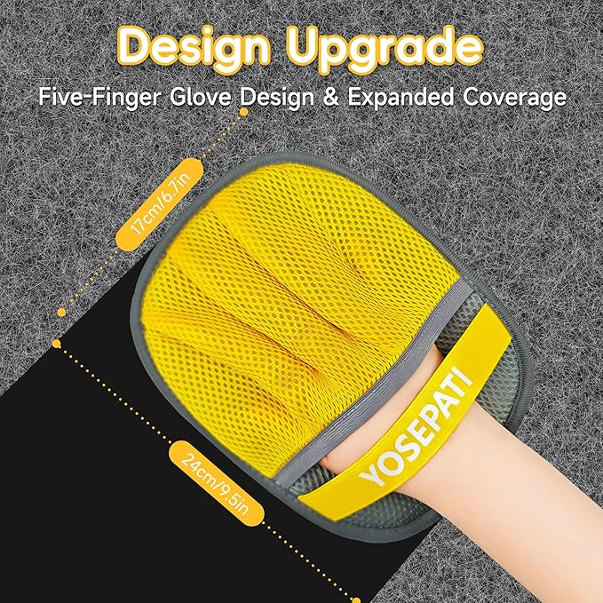 Thickened Ectrostatic Pet Hair Removal Glove for Cat & Dog, Upgraded Five-Finger Reusable Magic Brush Pet Hair Remover Tool for Couch, Clothing, Carpet & Car Seat (2Pcs-Grey & Yellow)